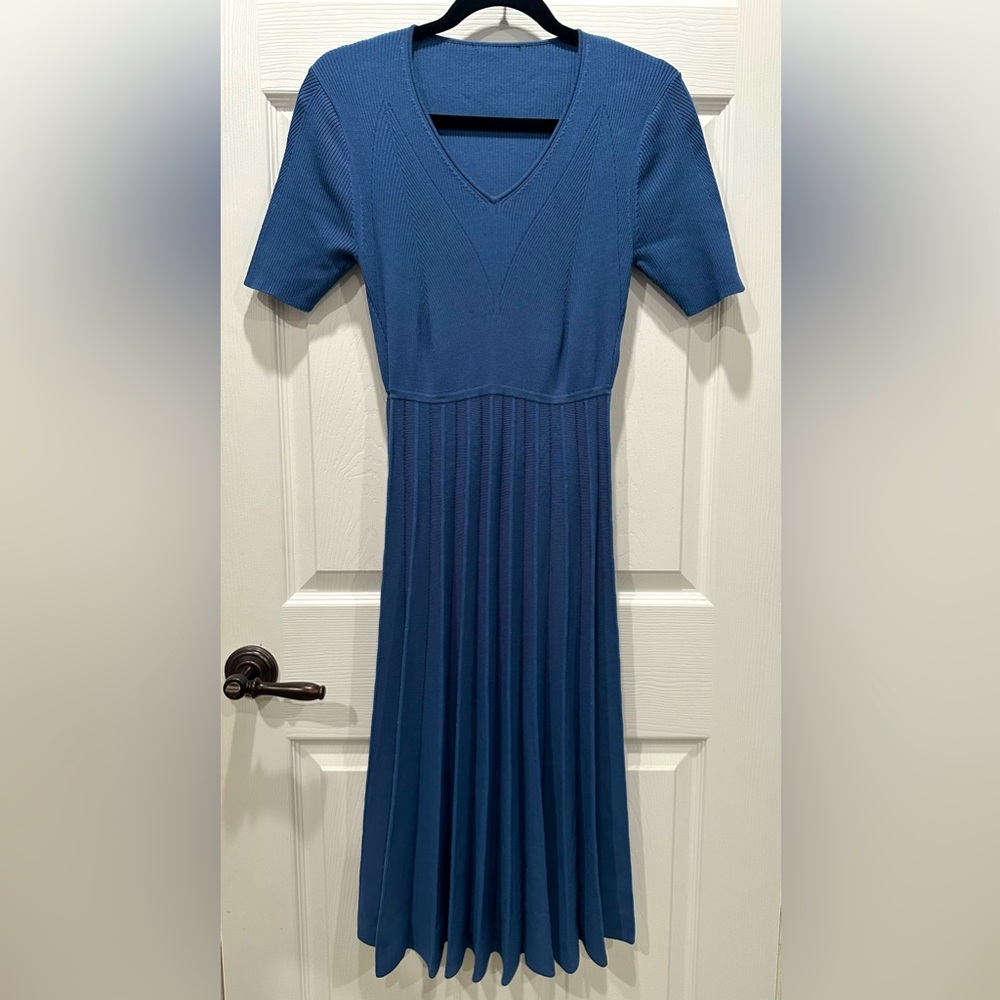 Navy Blue Accordion Pleated Knitted Midi Dress
